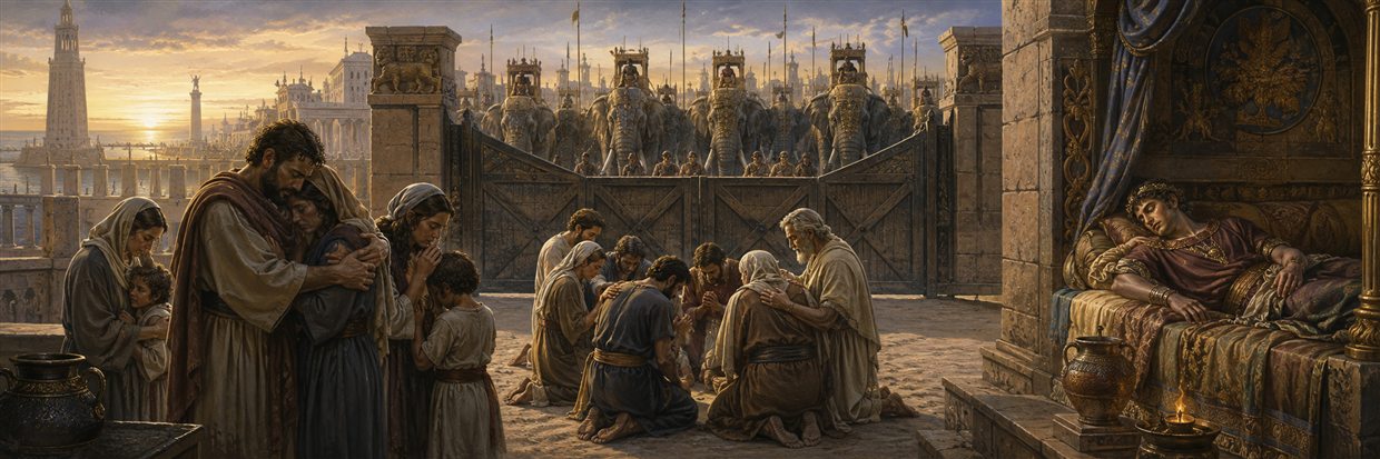 War elephants wait behind closed gates as Ptolemy sleeps and captive Jewish families unite in prayer